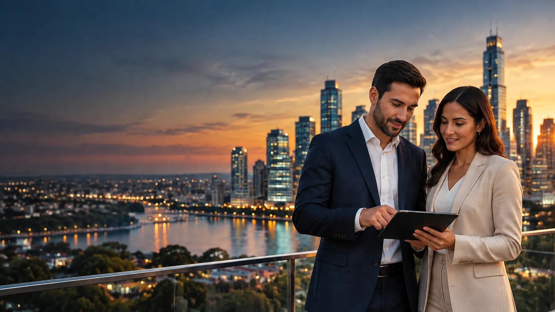 Two property professionals reviewing a portfolio plan on a city terrace at sunset
